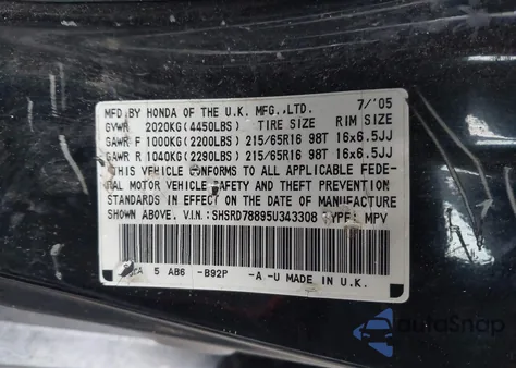 2005 Honda Cr-V Ex z USA, uszkodzony, nr VIN SHSRD78895U343308